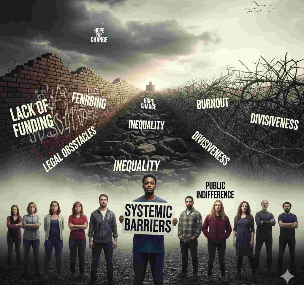 People facing systemic barriers like inequality, burnout, and lack of funding
